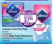 Libresse Ultra Thin Pads (8 Long,10 Normal) + Daily Fresh Pantyliners Scented Or Unscented 20 Pack