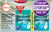 Always Night Maxi Thick Pads Value Pack (16 Extra Long, 18 Long, 20 Normal)-For 3
