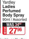 Yardley Ladies Perfumed Body Spray Assorted-90ml