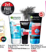 Evan & Mate Garnier Pure Active 3 In 1 Wash Scrub & Mask 150ml Or Charcoal Peel Off Mask 50ml-Each