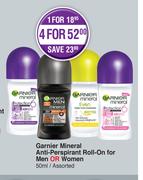 Garnier Mineral Anti Perspirant Roll On For Men Or Women Assorted-4 x 50ml