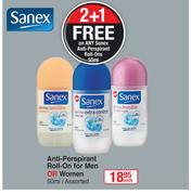 Sanex Antiperspirant Roll On For Men Or Women Assorted-50ml Each