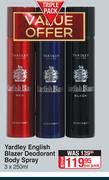 Yardley English Blazer Deodorant Body Spray-3 x 250ml Per Pack
