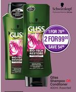 Schwarzkopf Gliss Shampoo Or Conditioner Assorted-For 2 x 400ml 