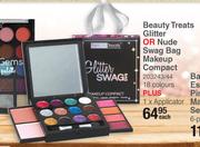 Beauty Treats Glitter Or Nude Swag Bag Backup Compact 18 Colours Plus 1 x Applicator-Each