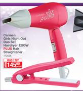 Carmen Girls Night Out Duo Set Hairdryer 1200W + Hair Straightener-Per Set