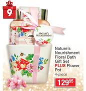 Nature's Nourishment Floral Bath 4 Piece Gift Set + Flower Pot 