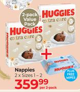Huggies Extra Care Nappies 2 x Sizes 1-2-Per 2 Pack