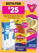 Great Value Long Life Milk 1Ltr & Albany Everyday Or Thick Slice White Bread 700g-For Both
