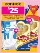 Great Value Long Life Milk 1Ltr & Albany Superior Or Thick Slice White Bread 700g-For Both
