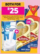 Great Value Long Life Milk 1Ltr & Albany Superior Or Thick Slice White Bread 700g-For Both