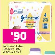 Johnson's Extra Sensitive Baby Wipes 4 x 56's-Each