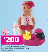30cm Drink & Wet Baby Doll Plus Swim Ring & Rubber Duck-Per Set
