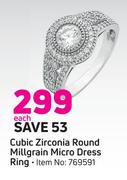 Cubic Zirconia Round Millgrain Micro Dress Ring-Each