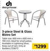 Designhouse 3 Piece Steel & Glass Bistro Set-600mm x 600mm x 700mm