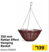 350mm Rattan Effect Hanging Basket Brown