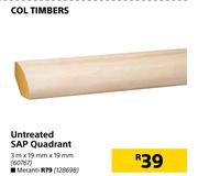 Col Timbers Untreated SAP Quadrant Meranti-3m x 19mm x 19mm