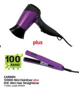 Carmen 1200W Mini Hairdryer Plus EHC Mini Hair Straightener-Each