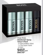 Hugo Boss Deodorant Spray Value 4 Pack 3 x Boss Bottled 150ml, 1 x The Scent 150ml-Per Pack