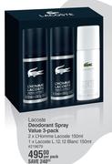Lacoste Deodorant Spray Value 3 Pack 2 x L'Homme Lacoste 150ml, 1 x Lacoste L.12.12 Blanc 150ml-Per 