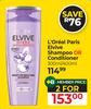 L'Oreal Paris Elvive Shampoo Or Conditioner-For 2 x 300ml/400ml