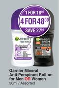 Garnier Mineral Anti Perspirant Roll-On For Men Or Women Assorted-4 x 50ml