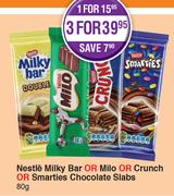 Nestle Milky Bar Or Milo Or Crunch Or Smarties Chocolate Slabs-3 x 80g 