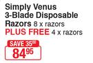 Gillette Simply Venus 3-Blade Disposable Razors 8 x Razors Plus Free 4 x Razors