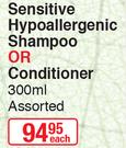 Natur Vital Sensitive Hypoallergenic Shampoo Or Conditioner 300ml Each