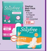 Stayfree Maxi Thick Pads 8 Super, 10 Regular Scented Or Unscented-Per Pack
