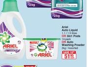 Ariel Auto Liquid 1.1/1.5Ltr Or 3 In 1 Pods 14 Pack Or Auto Washing Powder 2kg-Each