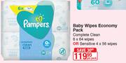 Pampers Baby Wipes Economy Pack Complete Clean 6x64 Wipes Or Sensitive 4x56 Wipes-Per Pack