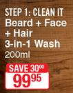 L'Oreal Barber Club Clean It Beard + Face + Hair 3-In-1  Wash-200ml