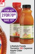 Lifestyle Foods Turmeric Or Cayenne Apple Cider-2 x 500ml