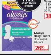 Always Daily Liners Unscented 40 Pack-Per Pack