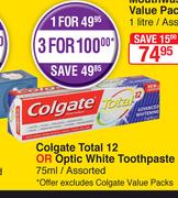 Colgate Total 12 Or Optic White Toothpaste Assorted-75ml