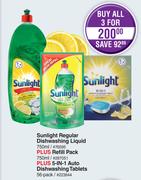 Sunlight Regular Dishwashing Liquid 750ml+Refill Pack 750ml+5-IN-1 Auto Dishwashing Tablet 56-For 3