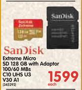 Sandisk Extreme Micro SD 128GB With Adaptor 100/60 MBs C10 UHS U3 V30 A1
