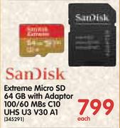 Sandisk Extreme Micro SD 64GB With Adaptor 100/60 MBs C10 UHS U3 V30 A1