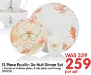 12 Piece Papillin De Nuit Dinner Set Of 4 Dinner Plates, 4 Side Plates & 4 Bowls-Per Set