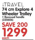 iTravel 74cm Explore 4 Wheeler Trolley With Recessed Handle-Each