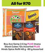  Ace Samp 2.5Kg Plus Imana Stock Cubes 12s Assorted Plus Hinds Spice Refill 40g-80g Assorted-For All
