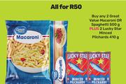 2xGreat Value Macaroni Or Spaghetti 500g Plus 2 Lucky Star Minced Pilchards 410g-For All