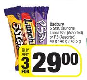 Cadbury 5 Star, Crunchie Lunch Bar (Assorted) Or P.S (Assorted)-For Any 3 x 40g/48g/48.5g