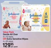 Johnson's Value Pack Gentle All Over 4 x 72 Wipes Or Extra Sensitive Wipes 4 x 56 Wipes-Per Pack
