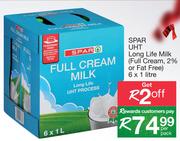 Spar UHT Long Life Milk (Full Cream, 2% Or Fat Free)-6x1Ltr Per Pack