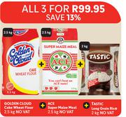 Golden Cloud Cake Wheat Flour 2.5Kg+Ace Super Maize Meal 2.5Kg+Tastic Long Grain Rice 2Kg-All For 3