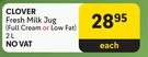Clover Fresh Milk Jug Full Cream Or Low Fat-2L Each
