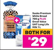 Sasko Premium White Bread 700g Plus Great Value UHT Long Life Milk 1L-Both For
