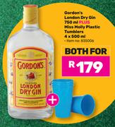 Gordon's London Dry Gin 750ml Plus Miss Molly Plastic Tumblers 4x500ml-For Both